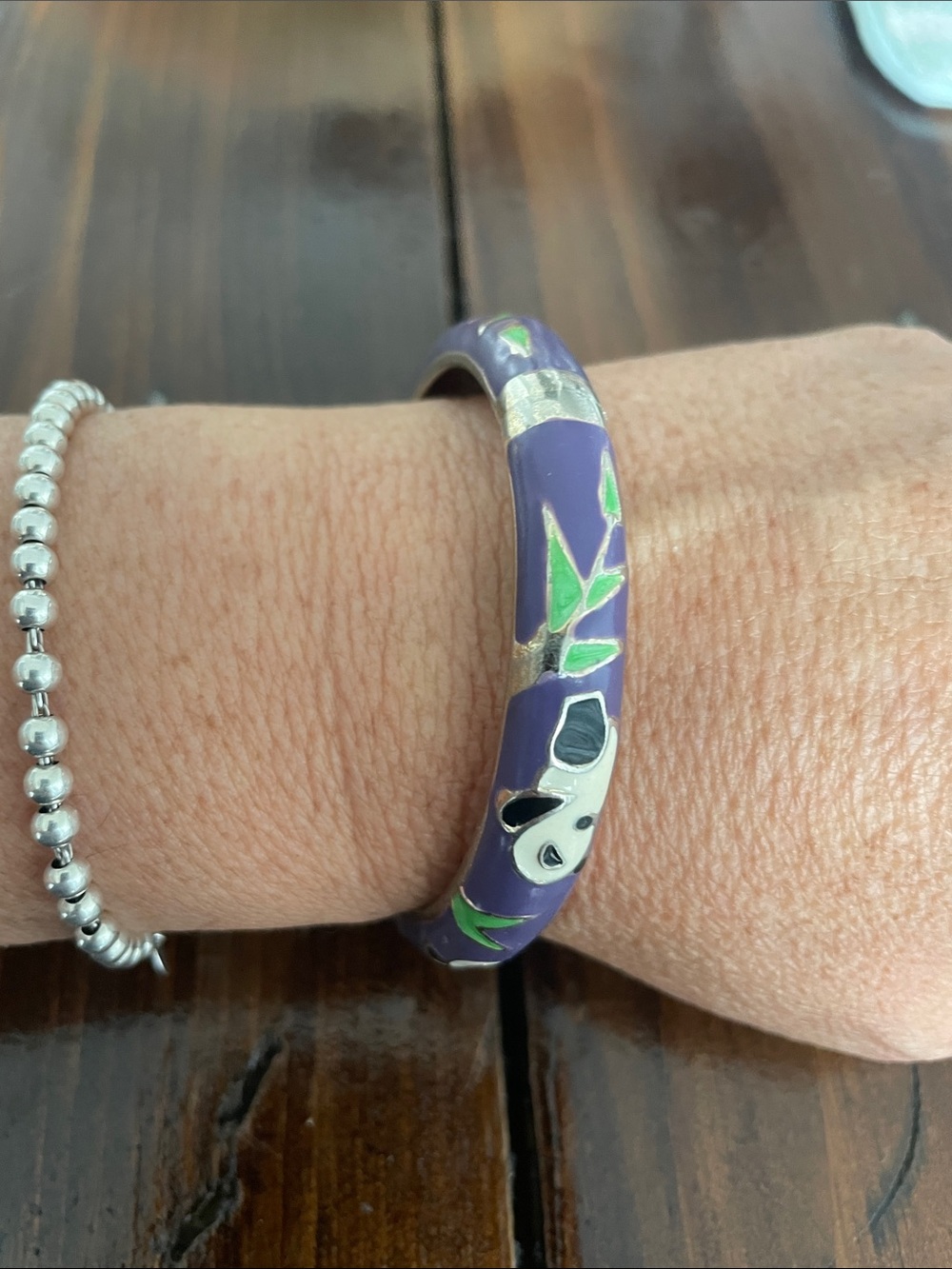 Vintage Purple Panda Enamel Hinged Bangle Bracelet Collectible Statement Jewelry